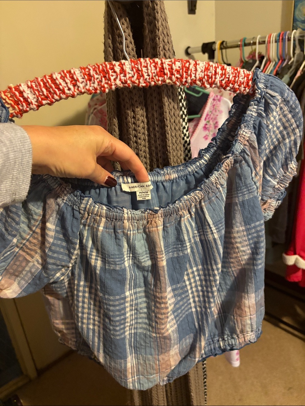 American Eagle Outfitters Blue and Beige Plaid Off-Shoulder Crop Top